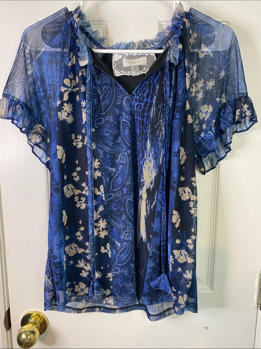 Cupio Navy & Cream Floral Paisley Lace-Trim Blouse Size Medium.